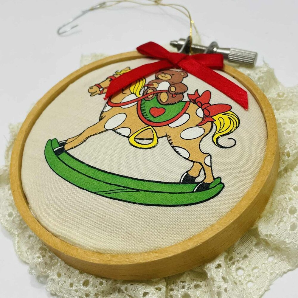 Vintage 1985 Giftco Heart Warmers Rocking Horse Ornament Wood Cloth
